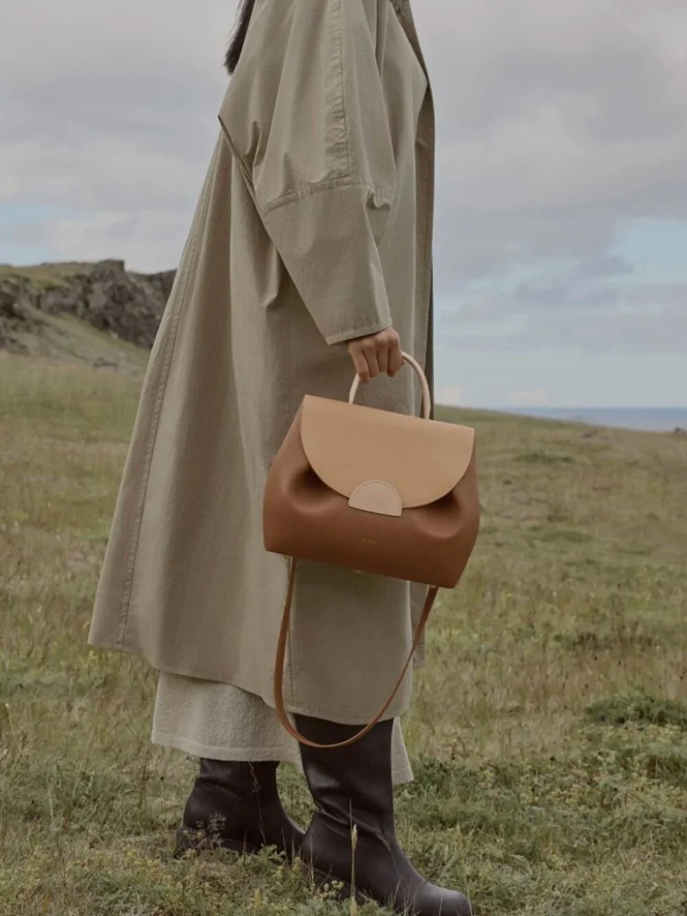 Polène tan and light-tan leather top-handle bag